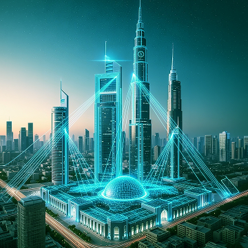 A GCC skyline of towers wrapped in a lattice of glowing digital lines